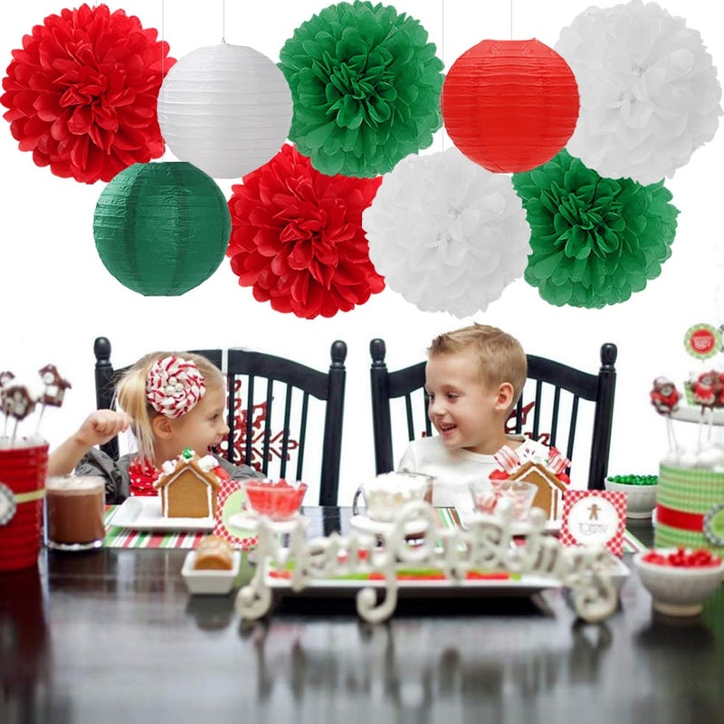 Mprocherify Red Green White Paper Flowers Tissue Pom Poms Honeycomb Lanterns 15pcs Christmas Party Decorations Mexican Italian Birthday Wedding Baby Shower Bachelorette Hanging Supplies - Image 2